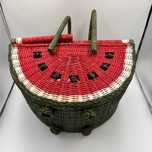 Vintage Watermelon Wicker Picnic Basket Large Double Handle Kitchen Decor